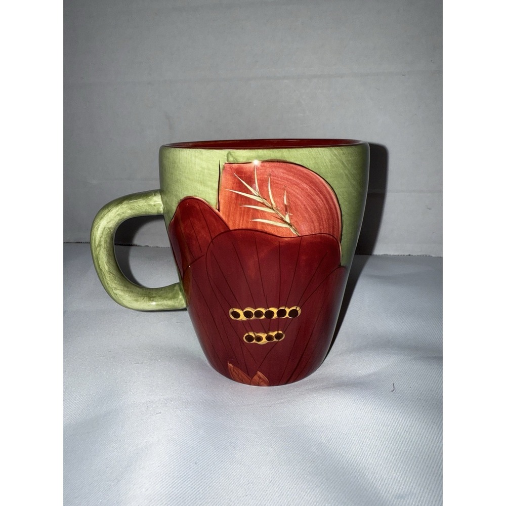 Laurie Gates Mug Cup Flower Leaves Brown Red Green Fall Designed in California